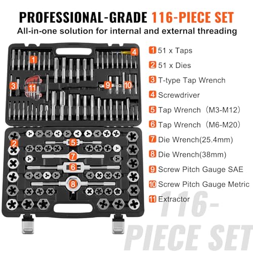 VEVOR Tap and Die Set 116 Pcs Metric and SAE Size Bearing Steel Taps Dies - size: 116pcs