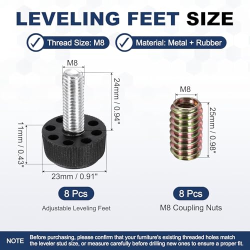 uxcell 8Pcs M8 Thread Adjustable Furniture Levelers, 1.38 x 0.91 - size: M8 x 1.38" x 0.91"