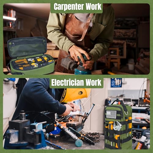 13 Inch Portable Small Tool Bag, Heavy Duty Tool Organizer Bag with Shoulder Strap and D-ring Clip, Tactical Tool Bag, Tool Pouch Bag for Electricians, Carpenters, HVAC Technicians (Army Green) - color: Army Green