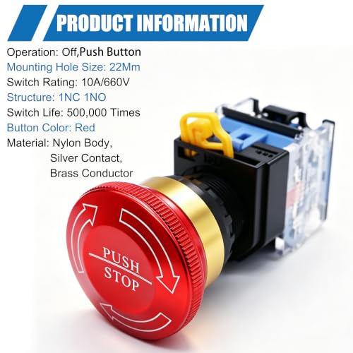 mxuteuk 22mm Metal Latching Emergency Stop Push Button Switch e Stop Button Emergency Shut Off Switch 1NO 1NC 600V 10A LA38A-11ZS/A-DT - color: Red/LA38A-11ZS-DT, size: 1NC 1NO