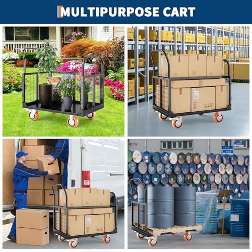 Platform Truck Cart with Cage, Multipurpose 6 in1 Foldable Flatbed Cart Heavy Duty Push Cart Dolly w/Swivel Wheels 1800Lbs Capacity Utility Hand Cart for Grocery, Laundry, Garage, Warehouse