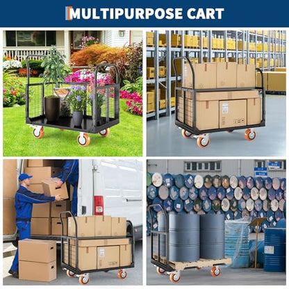 Platform Truck Cart with Cage, Multipurpose 6 in1 Foldable Flatbed Cart Heavy Duty Push Cart Dolly w/Swivel Wheels 1800Lbs Capacity Utility Hand Cart for Grocery, Laundry, Garage, Warehouse