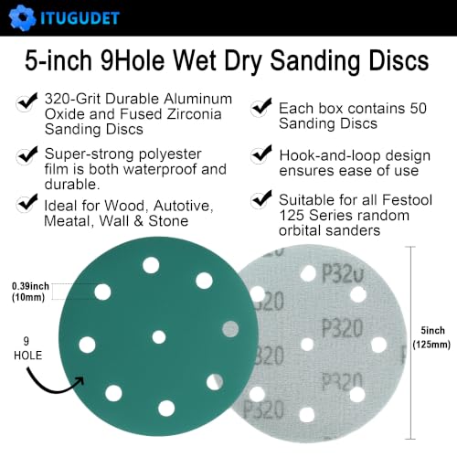 5 Inch 9 Hole Wet Dry P320 Grit Sanding Discs - 50 Pack Box - size: 320 Grit