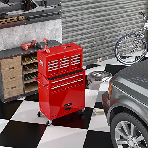 Red 8-Drawer Heavy Duty Tool Chest with Ball Bearing Drawers, Central Locking & 4 Wheels (2 Brakes) - Rolling Garage Storage Cabinet - color: Red, size: 24.2 x 13 x 42.8