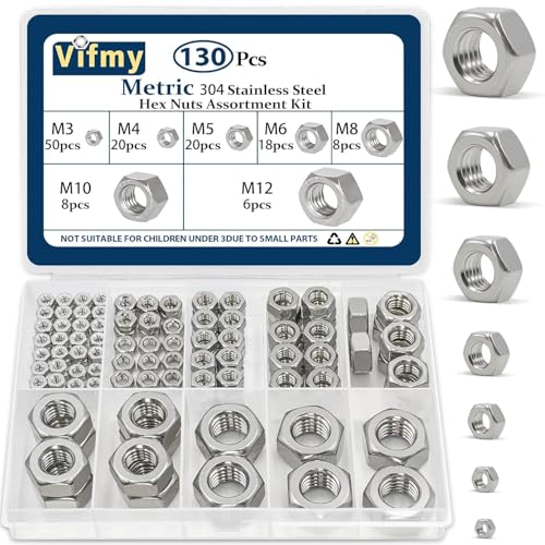 Metric Hex Nuts Assortment Kit 130Pcs Stainless Steel（M3-M12） Nut - size: Metric-130