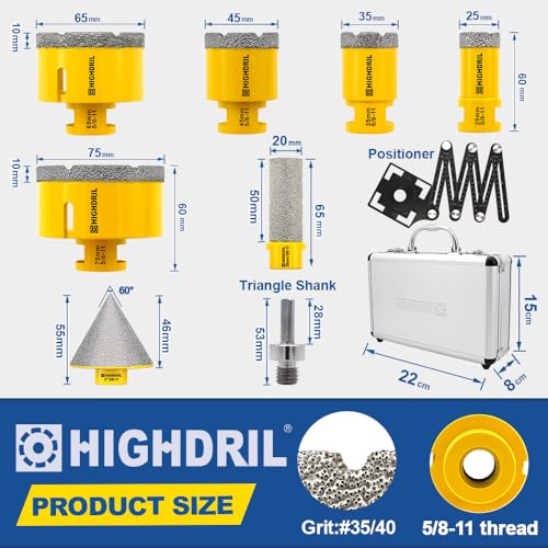 HIGHDRIL Multi Angle Measuring Ruler 5-Hole Drill Locator & Diamond Drill Bit Kit 5/8-11 for Porcelain Tile Ceramic Marble Brick Hole Saw(25/35/45/65/75mm+20mm Finger Bits+50mm Beveling Chamfer Bit) - size: Thread Set4