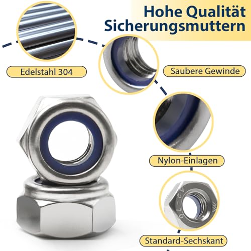 M8-1.25 Lock Nut, 90Pcs Stainless Steel Nylock Insert Locking Nut - size: M8-1.25, 90 Pack