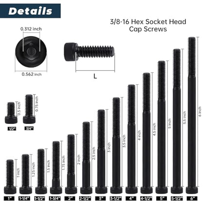 Glvaner 6-Pack 3/8-16 x 5-1/2" Socket Head Cap Screws, Grade 12.9 Alloy Steel, Black Oxide Finish, Partial Thread UNC, Allen Hex Drive - size: 3/8-16 x 5-1/2"