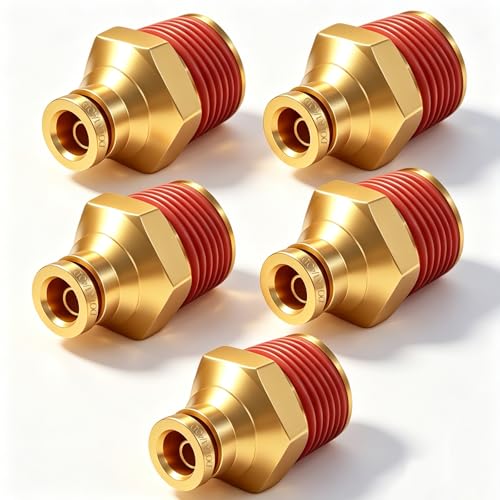 1/4" DOT Push to Connect Air Fittings, Brass 1/4" Tube OD x 1/2" NPT Male Straight Adapter, Quick-Connect Fittings for Air Suspension, Truck Trailer & Air Brake System (5-Pack) - size: 1/4"OD × 1/2"NPT Thread