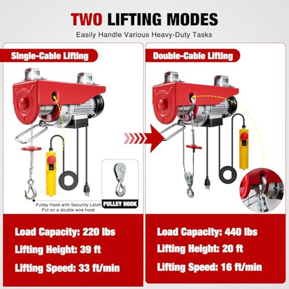 Nilight Electric Hoist 110V Electric Winch with Wired Remote, 440LBS Hoist Lift Single/Double Slings 39FT Lifting Height Material Handling Tool w Emergency Stop for Garage Warehouses Factories Attic - size: 440LBS Wired Remote