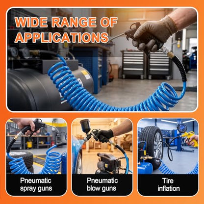GASHER 1/4" x 50FT Polyurethane Recoil Air Hose with Bend Restrictor, 1/4" Industrial Quick Coupler and Plug - color: Blue, size: 1/4" x 50FT