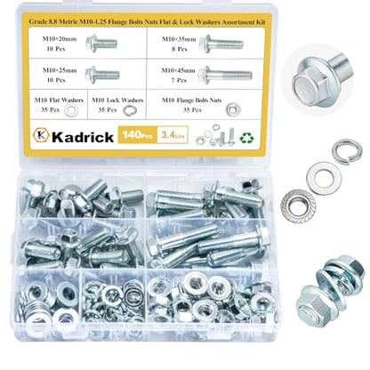 Kadrick 140Pcs Flange Hex Bolts and Nuts Kit,M10 x1.25（M6-1.0 M8 x1.25 Available） (20mm to 45mm) Metric Bolt Assortment,Alloy Steel Class 8.8 Zinc Plated - size: 140Pcs M10 FLANGE HEX Zinc