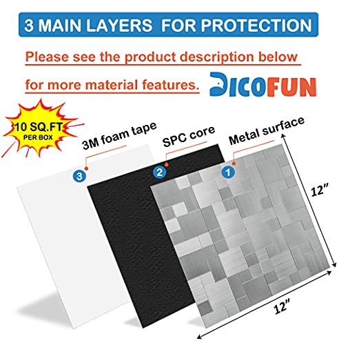 DICOFUN 10-Sheet Peel and Stick on Tile Backsplash Stainless Steel Metal for Kitchen Stove - color: Brushed Aluminum, size: 10 Sheets, 12"x12"x0.12"