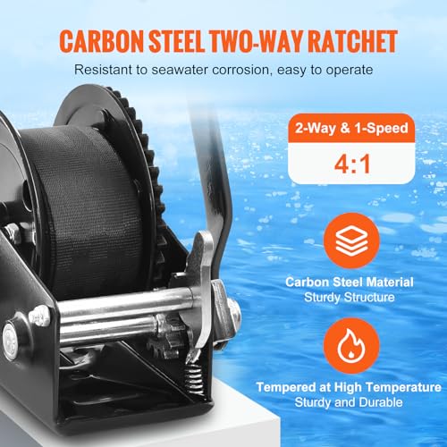 VEVOR Boat Winch,1200 lbs Capacity Hand Boat Trailer Winch Heavy Duty Rope Crank with 23 ft Polyester Strap and Two-Way Ratchet, Manual Operated Hand Crank Winch for Trailer, Boat or ATV Towing