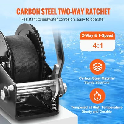 VEVOR Boat Winch,1200 lbs Capacity Hand Boat Trailer Winch Heavy Duty Rope Crank with 23 ft Polyester Strap and Two-Way Ratchet, Manual Operated Hand Crank Winch for Trailer, Boat or ATV Towing