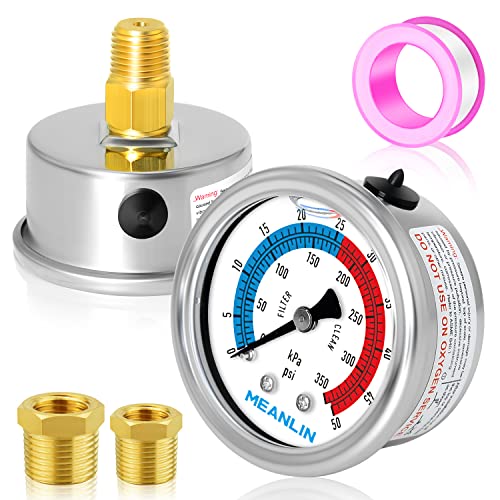 MEANLIN MEASURE 1/4" NPT 0-50psi Pressure Gauge, 2" Dial Glycerine Filled Pool Filter, 304 Stainless Steel Housing, Back Mount, with 1/2" NPT and 3/8" NPT Hex Bushing - size: 0-50Psi/0-350Kpa, style: Center Back Mount