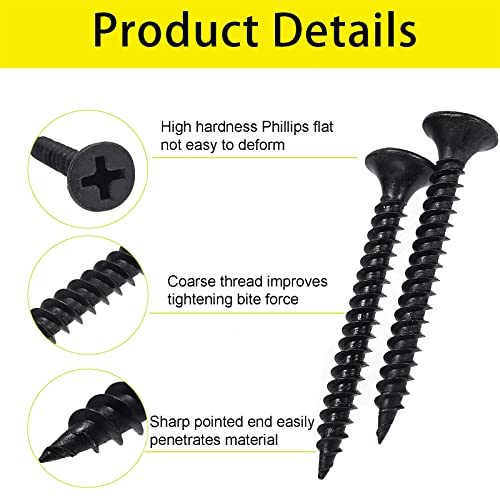 #6 Wood & Drywall Screw Kit 300 Pcs, Phillips Self Tapping Flat Head, Black - color: Black, size: #6-300pcs