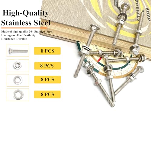 8 Sets 1/4"-20 x3 Carriage Bolts Round Head Square Neck Screws with Hex Nuts Flat Washers Spring Lock Washers 304 Stainless Steel Full Thread Coverage Square Neck Bolts Assortment Kit - size: 1/4"-20 x3"-8 Sets