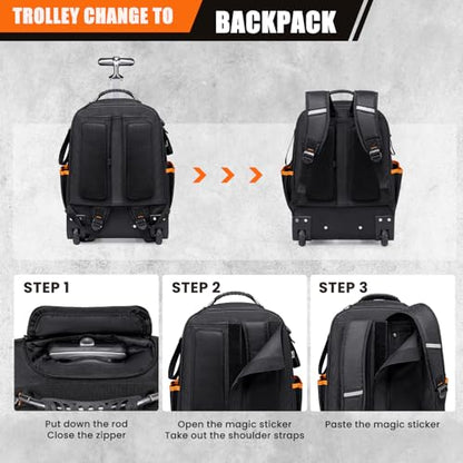 AUROPEAK Rolling Tool Backpack, 63 Pocket Heavy Duty Tool Bag with Wheels - size: 1.38" Wheel
