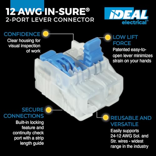 Ideal Electrical in-Sure Lever Wire Connector,12 AWG, 2-Port(30-10L22), Box of 150—Compact Releasable Connectors for Solid and Stranded Wires - size: Box of 150, style: 2 Port / 12-24 AWG