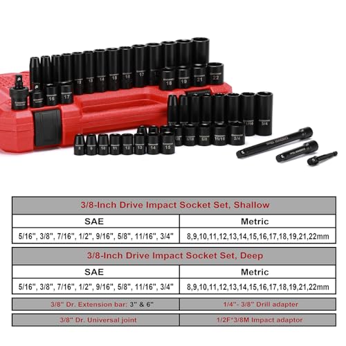 CASOMAN 3/8" Drive Impact Socket Set, 49 Piece Standard SAE and Metric Sizes (5/16-Inch to 3/4-Inch and 8-22 mm), 6 Point, Cr-V Steel Socket Set - size: 3/8"