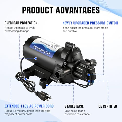 ECO-WORTHY 33-Series Industrial Water Pressure Pump 110V AC 4.0GPM 50PSI RV Fresh Water Diaphragm Pump include Garden Hose Adapters for Irrigation Marine Boat Sprinkler Faucet - color: Black 5
