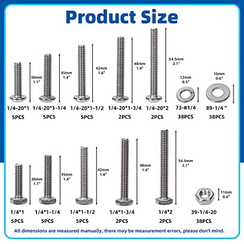 Glarks 152Pcs 1/4"-20 Phillips Pan Head Screws & 1/4" Outer Hexagon Screws with Hex Nuts and Flat Washers Lock Washers Assortment Kit, 304 Stainless Steel Hardware Machine Screws Assortment Set - size: 1/4"