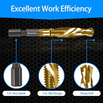DKIBBITH 6-pc Metric M10 Combination Drill Tap Bit Set, M10*1.5 Thread Size, Titanium Coated High-Speed Steel, Ideal for Drilling and Threading in Soft Metal Wood and Plastic,1/4" Hex Shank - size: M10x1.5