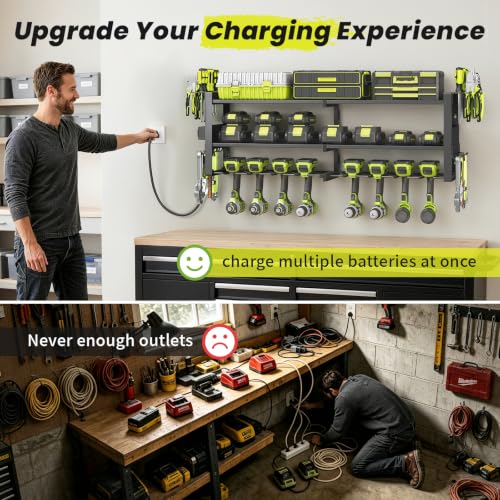 Power Tool Organizer Wall Mount with Charging Station, 8 Drill Holders - size: 32.8" Width 3-Tier