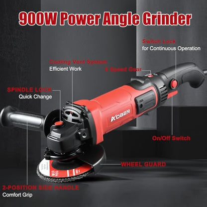 AOBEN 1200W Angle Grinder 4-1/2 inch | 10Amp, 11000 RPM, 7-Speed Corded Power Electric Cut off Tool with Switch Lock | for Heavy Duty Work & Metal Cutting, Grinding & Polishing