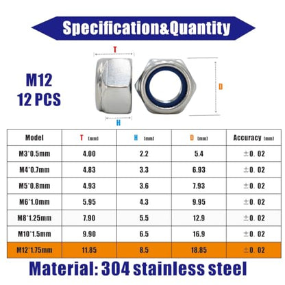 M12‑1.75 Lock Nuts, 12Pcs Stainless Steel Nylock Insert Locking Nuts - size: M12x1.75mm, 12 Pack