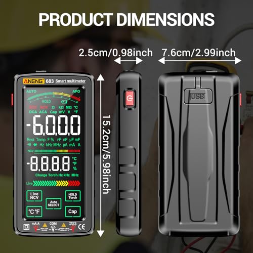 Smart Multimeter, Smart Digital multimeter Tester with Touch Screen 6000 Counts Auto Ranging Rechargeable multimeter A Reverse Display NCV Tester with Flashlight for Electricians,DIY (Black) - color: Black