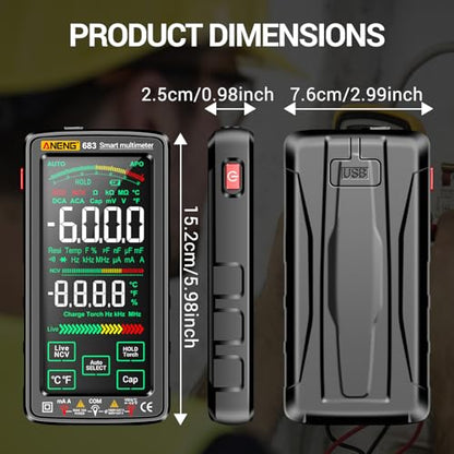 Smart Multimeter, Smart Digital multimeter Tester with Touch Screen 6000 Counts Auto Ranging Rechargeable multimeter A Reverse Display NCV Tester with Flashlight for Electricians,DIY (Black) - color: Black