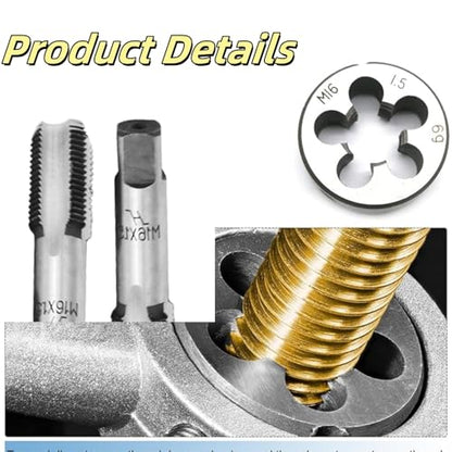 M16 x 1.5 Tap and Die Set, Metric Tap and Round Die Right Hand Fits for Screw Bolt Thread Repair and Tapping DIY Tool - size: M16-1.5mm