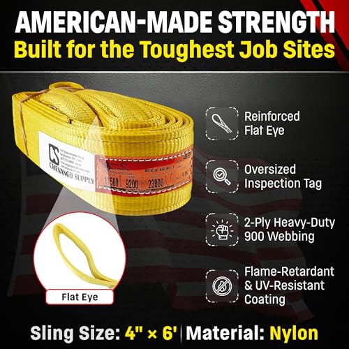 DD Sling 4 Inch x 6 Foot Nylon Lifting Sling – USA Made, 11,500 lb Vertical, 9,200 lb Choker, 23,000 lb Basket – 2-Ply Heavy Duty 900 Webbing, Type 3 Flat Eye & Eye Rigging Sling - size: 4"x6'