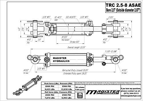 Double Acting Hydraulic Cylinder - AG Tie-Rod Hydraulic Cylinder 2500 PSI Agriculture Standard 2.5" bore 8" Stroke (2.5x8 ASAE) - size: 8" Stroke ASAE, style: 2.5" Bore