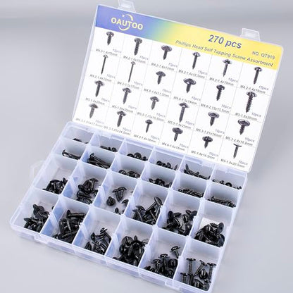 270pcs Automotive Body Screw Phillips Head Self Tapping Screw Washer Head Screws Assortment Kit #8#10#12#14