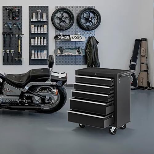 5-Drawer Rolling Tool Chest w/Drawers & Lock, Tool Storage Cabinet with Lockable Wheels, Top Cushion & Drawer Liners, Tool Organizer Box for Garage, Warehouse & Repair Sho - color: 5-drawer Black