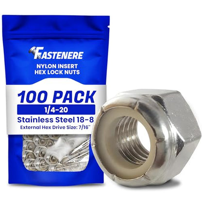 Fastenere Nylon Insert Hex Lock Nuts - 1/4"-20 Stainless Steel 18-8, Plain Finish, Corrosion-Resistant, Durable Hardware Nuts for Secure Fastening, Locking Nut, (100-Pack) - size: 1/4-20 (100 Pack)