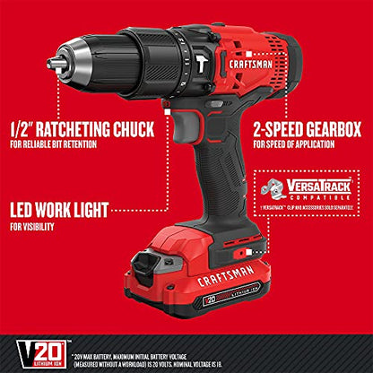 CRAFTSMAN V20 Cordless Hammer Drill Kit, 1/2 inch, 2 Batteries and Charger Included (CMCD711C2) - style: Hammer Drill Kit Only