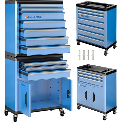 LARBANKE10 Drawer Rolling Tool Chest with Wheels,Locks & Waterproof Top - color: Blue, size: 10 drawer and double-door tool chest