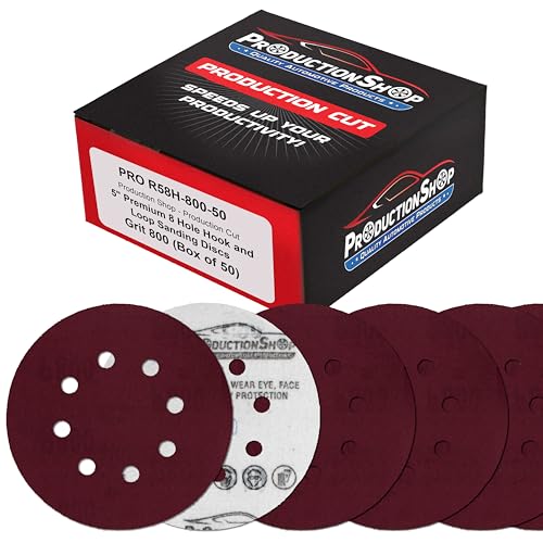 ProductionShop Premium 5" Red 8-Hole Pattern 800 Grit Sanding Discs, Box of 50 - Dustless Hook & Loop Backing Sandpaper for Random Orbital Sanders, Fine-Cut Abrasive - Woodworking, Auto Paint - style: 800 Grit