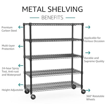 IZEUK Garage Shelving Wide Storage Shelves 5 Tier Metal Shelves 4000 LBS Heavy Duty Adjustable Utility Shelf Rack Black 23.6" D x 53.1" W x 73.6" H - color: Black, size: 5 Tier, 23.6" D x 53.1" W x 73.6" H