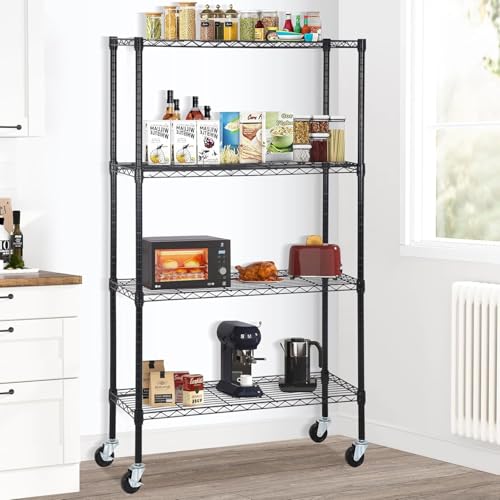 Meet perfect 4-Tier Wire Shelving Unit with Wheels, 36x14x62 in, Black - color: Black, size: 4-Tier, 62"H × 36"W × 14"D
