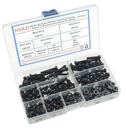 Metric M5 Nylon Phillips Pan Head Screws Nuts Flat Washers Assortment Kit (Black-M5) - color: Black-M5