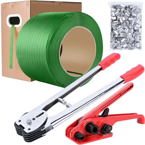 MYFAMIREA Heavy Duty Banding Strapping Kit with Tensioner Tool, 1/2"x 3500FT Green Polypropylene Plastic Packaging Strapping, 300 Metal Seals, Sealer Tool for Pallets, Logistics, Warehouse (Red) - style: Strapping Kit-Green