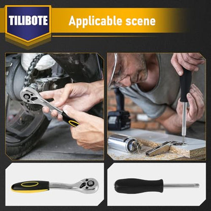 TILIBOTE Socket Wrench Set, 62PCS 1/4" Ratcheting Wrench Set With 72 Tooth count Ratchet, SAE & Metric From 5/32" - 9/16 ", 4mm - 14mm,tool Set For home And car,motorcycle,bike Repair - size: 1/4