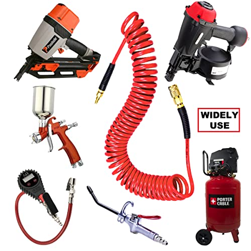 YOTOO Polyurethane Recoil Air Hose 3/8" Inner Diameter by 25' Long with Bend Restrictor, Repairable 1/4" Industrial Quick Coupler and Plug, Red - size: 25 FT