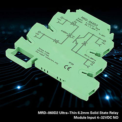 DIN Rail Relay Module, MRD-060D2 Ultra-Thin DIN Rail Mount Relay 6.2mm Solid State Relay Module Input 4-32VDC NO with LED Input State Indicator