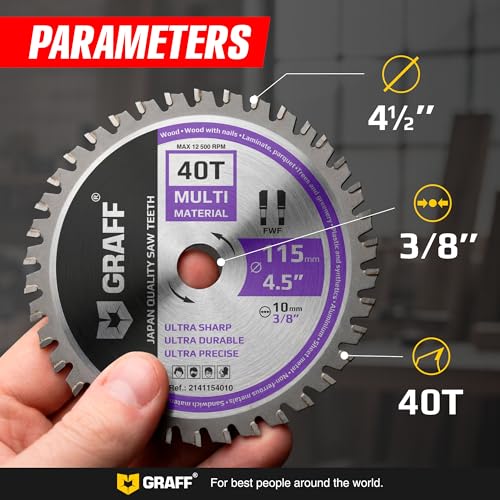 GRAFF 4-1/2 Inch Circular Saw Blade with 3/8 Inch Arbor - 40-Teeth Grinder Saw Blade for Aluminium, Metal, Wood, Plywood, Drywall, Plastic - Wood Cutting Blade for Angle Grinder - size: Ø 4 ½ Inch - 40T Multi 3/8 Inch Arbor, style: Multi Cutting Blade